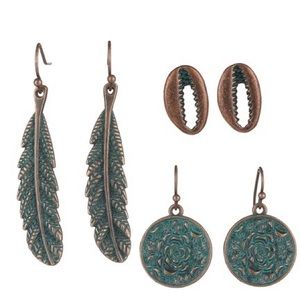 Gorgeous Set of 3 Teal and Antique Gold Earrings